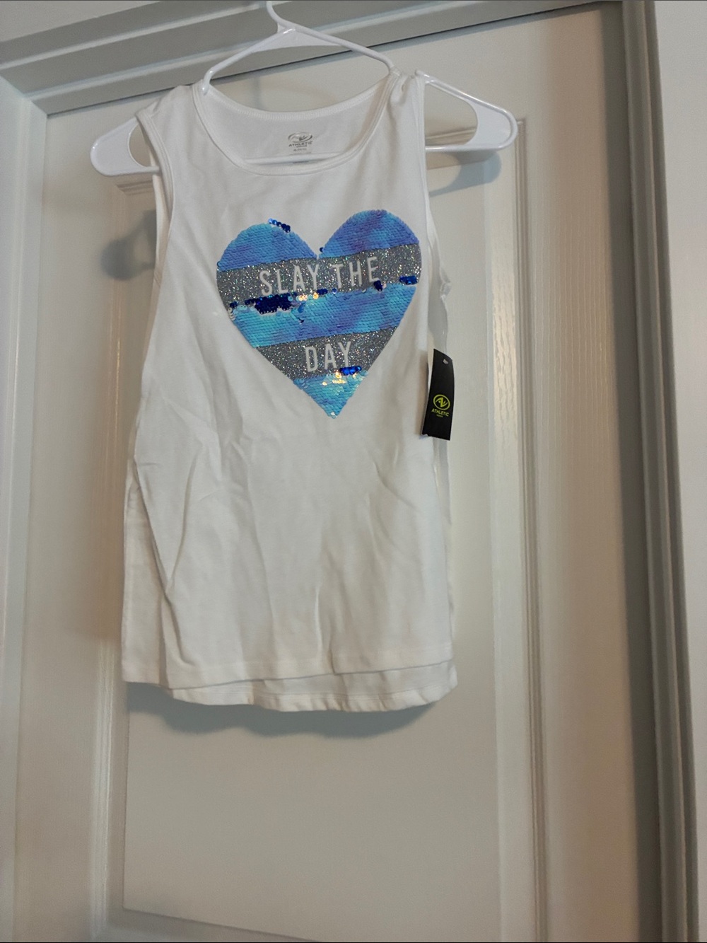 Girls White Tank Top with Blue Sequin Heart